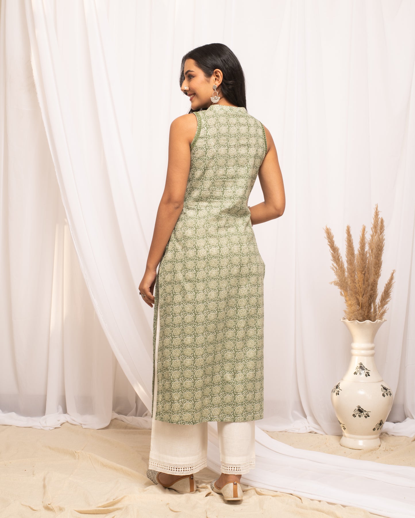 Elegant Green Printed Cotton Kurta
