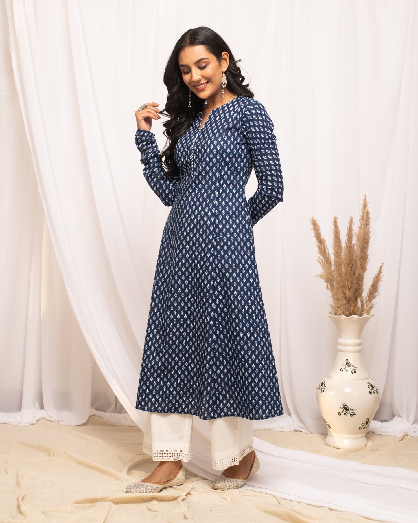 Flared Blue Printed Cotton Kurta with Long Sleeves
