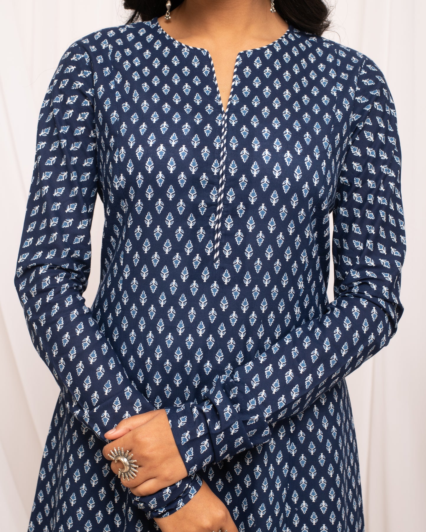 Flared Blue Printed Cotton Kurta with Long Sleeves