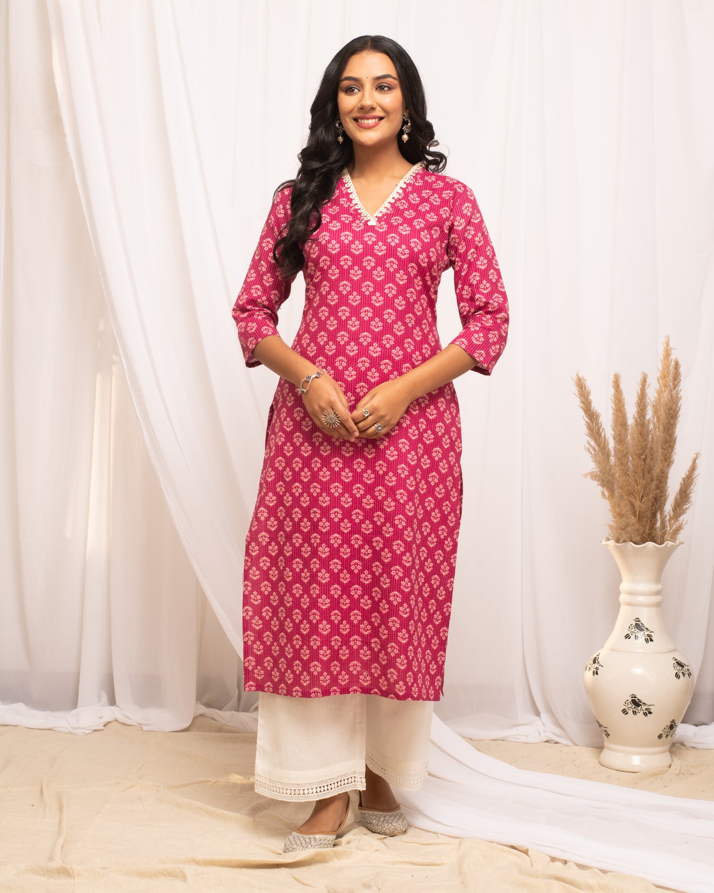 Pink Floral Print V-Neck Cotton Kurta
