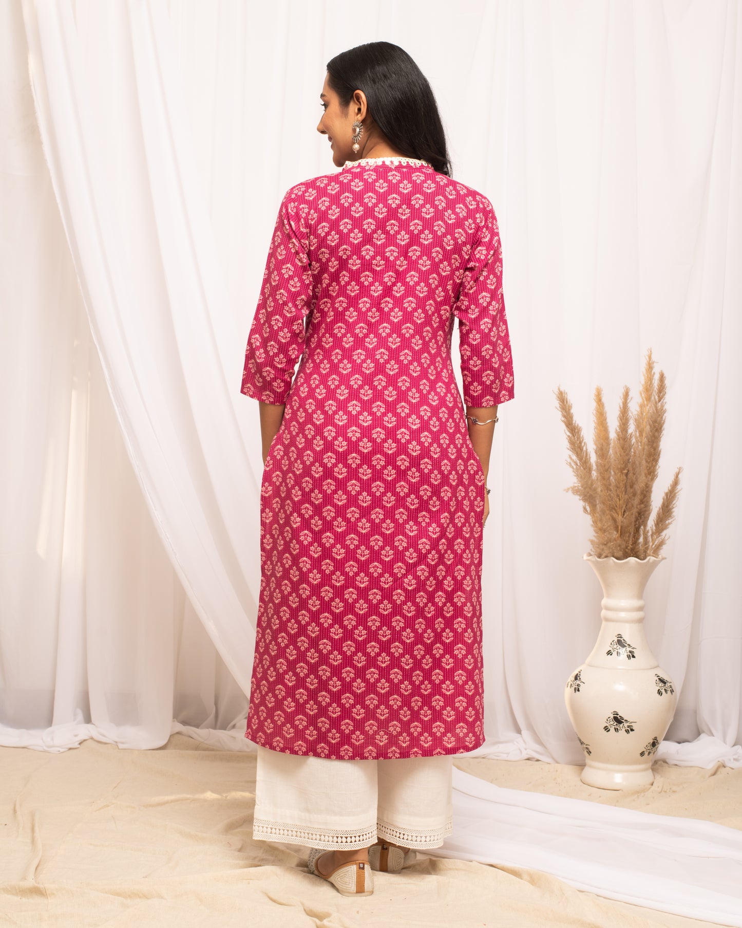 Pink Floral Print V-Neck Cotton Kurta