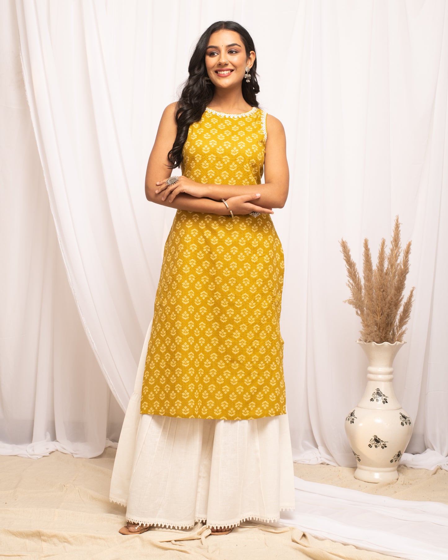 Yellow Floral Print Sleeveless Kurta