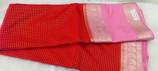 Red Crepe Silk Saree | Fine Gold Zari Check Body | Grand Pink Crepe Pallu | Bridal Wear