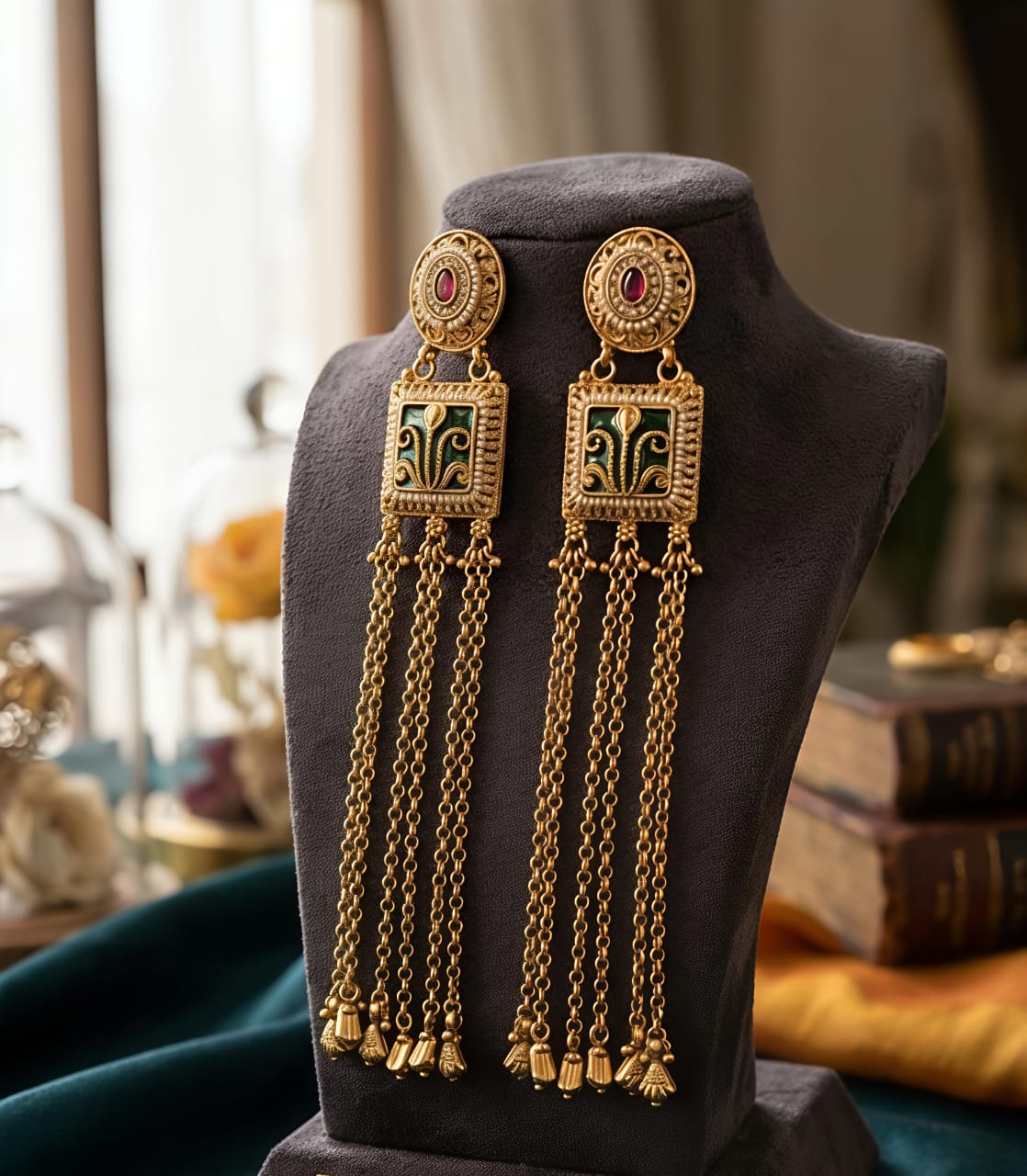 Antique Gold Long Chain Tassel Earrings with Ruby Stud, Green Enamel Panel & Tassel Drops