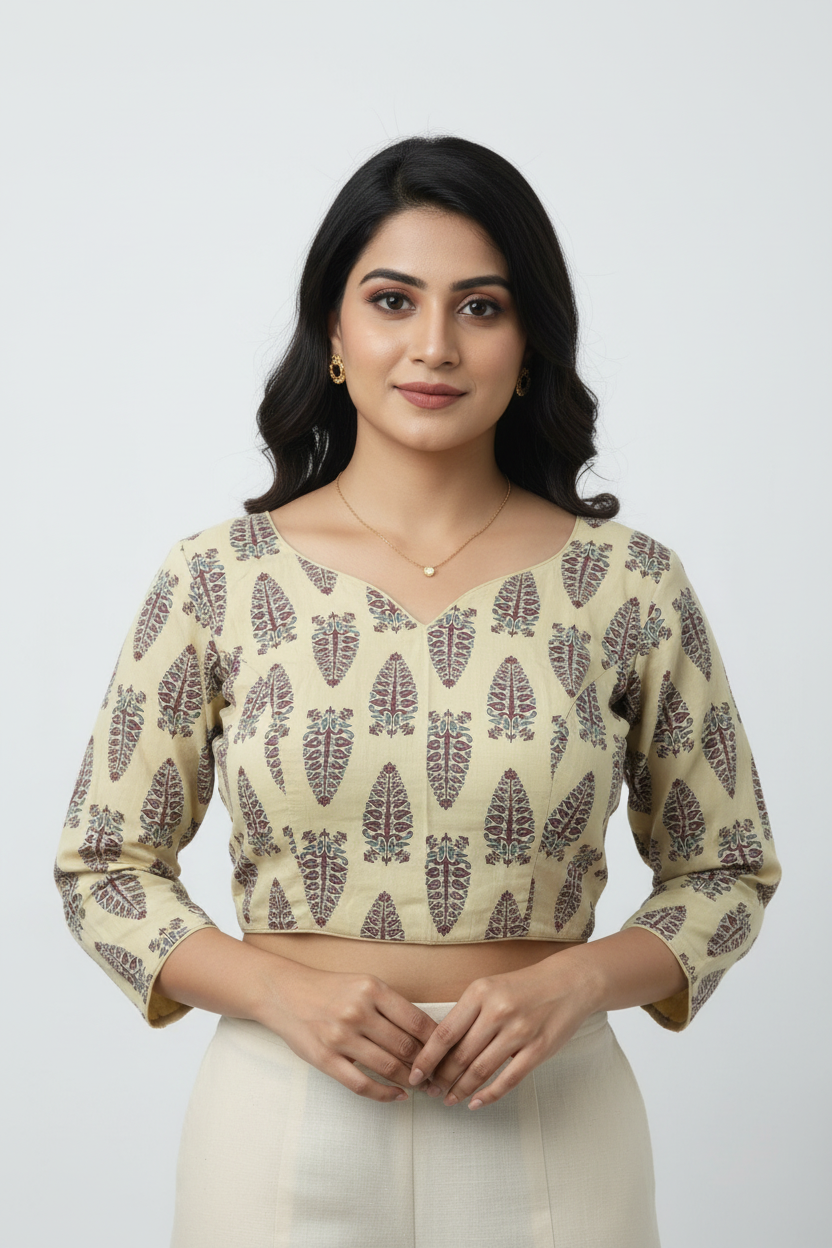 Red Block Print Readymade Blouse – Full Sleeves with Back Knot