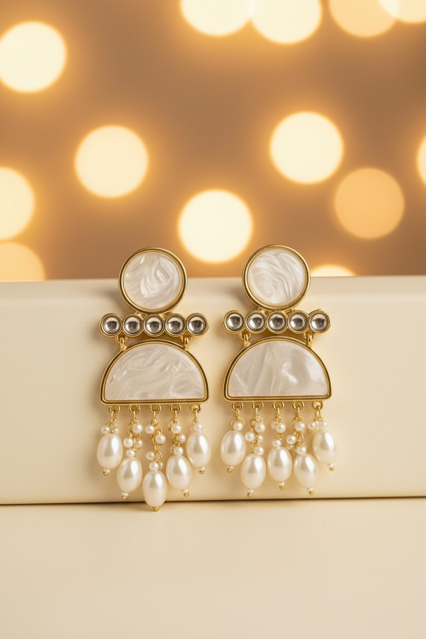 Gold Mother of Pearl Circle Stud Semicircle Drop Earrings - E-commerce Product Image