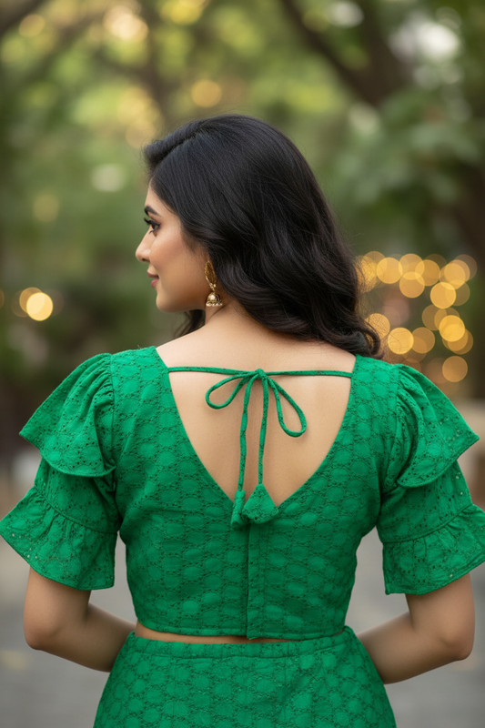 Green Hakoba Frill Blouse - Back View with Bow Knot