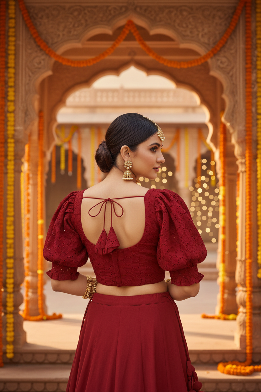 Deep Crimson Red Cotton Hakoba Blouse Wide Square Back Neckline Dark Red Cord Tie Bow Knot Back Hooks - Back View on Indian Model