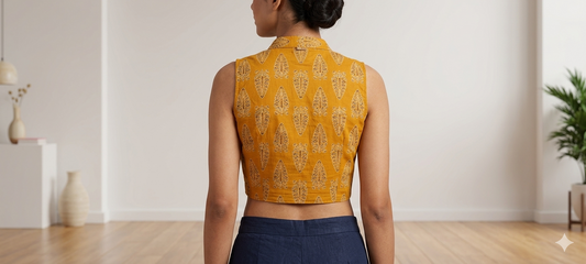 Mustard Yellow Leaf Print Sleeveless Blouse – Collar Neck with Front Hooks