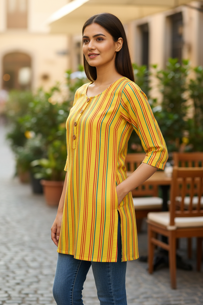 Sunshine Yellow Multicolor Stripe Wooden Button Kurti - Side View