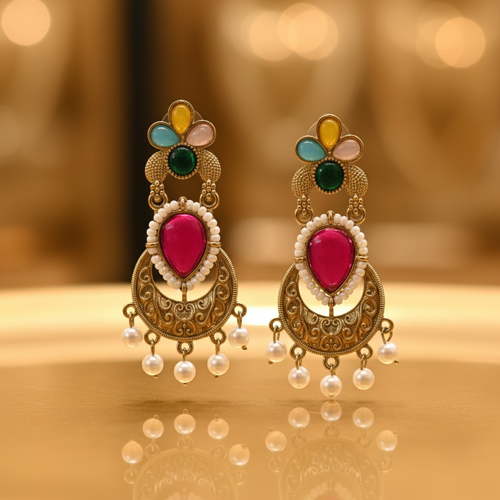 Multicolour Floral Chandbali Earrings - E-commerce Product Image