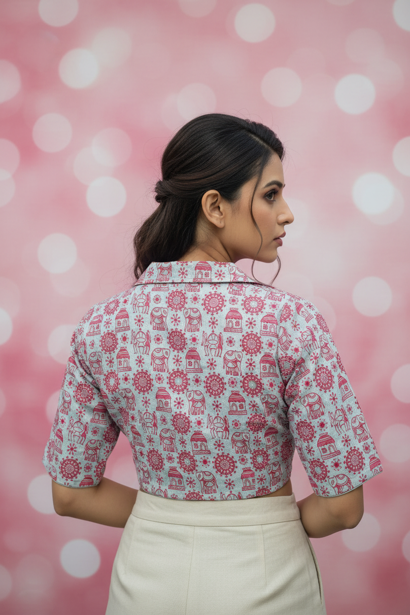 White Pink Elephant Print Collar Neck Blouse - Back View with Model