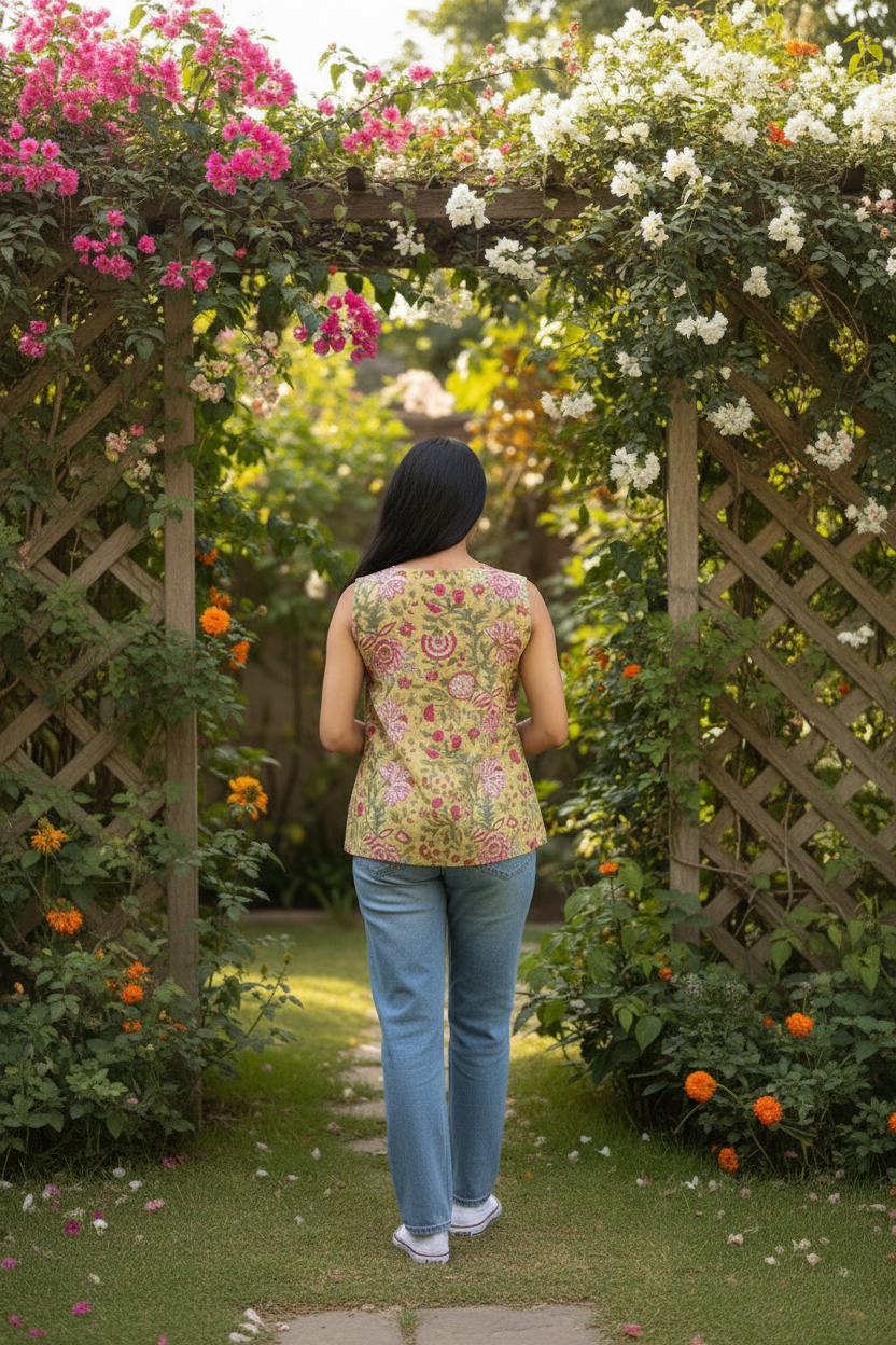 Mustard Yellow Sanganeri Floral Block Print Sleeveless Top - Back View with Jeans