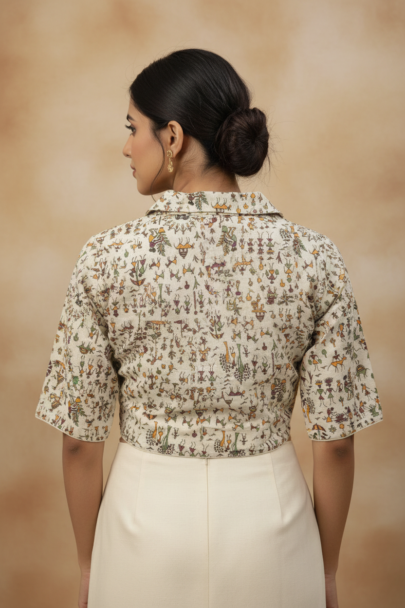 Cream Warli Print Collar Neck Blouse - Back View with Model