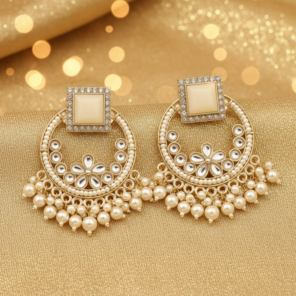 Gold Kundan Chand Bali Earrings - E-commerce Product Image