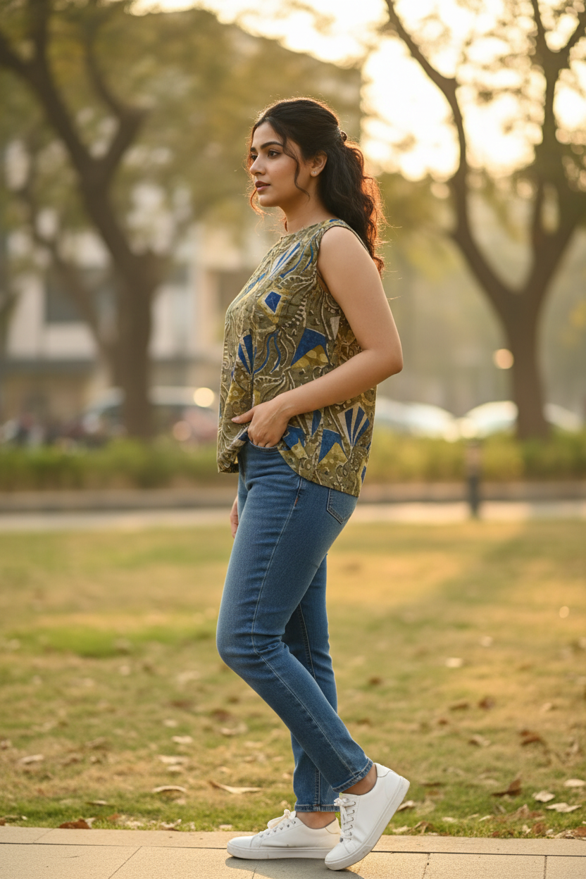 Olive Khaki Cobalt Blue Batik Top - Side View with Jeans