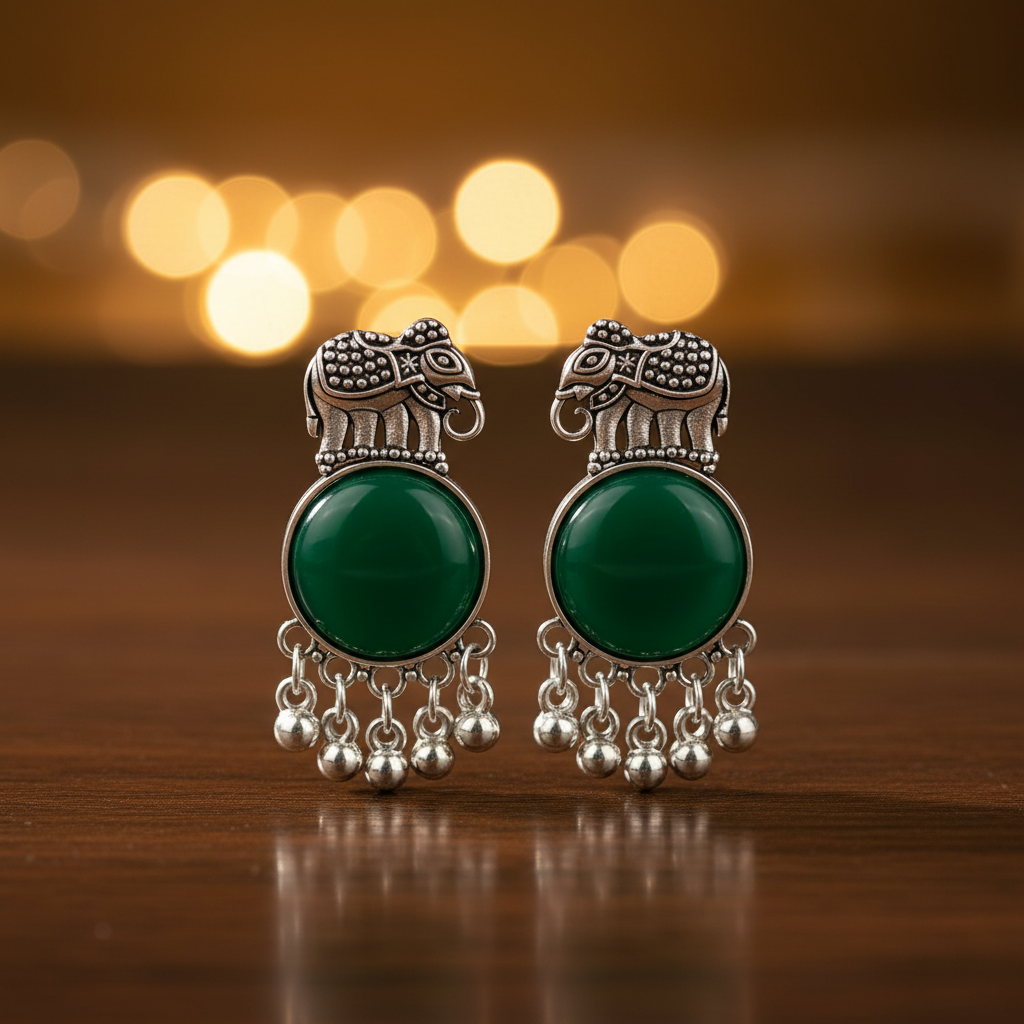Oxidised Silver Elephant Motif Emerald Green Stone Drop Earrings - E-commerce Product Image