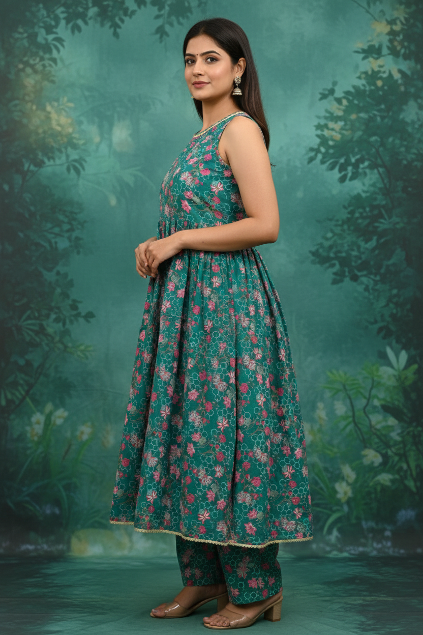 Teal green honeycomb lattice pink floral print sleeveless A-line kurti with matching straight pants and plain hot pink dupatta set - side view on Indian female model