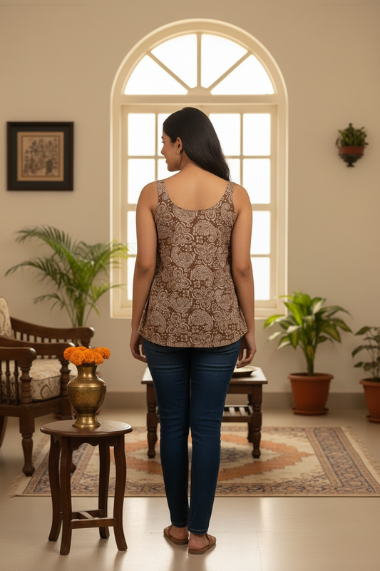 Caramel Brown Warli Print Cami Top - Back View with Jeans