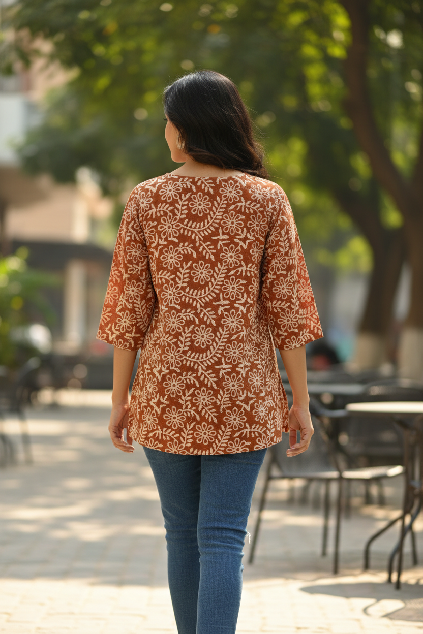 Rust Terracotta Kantha Daisy Embroidered Kurti with Wooden Buttons - Back View with Jeans