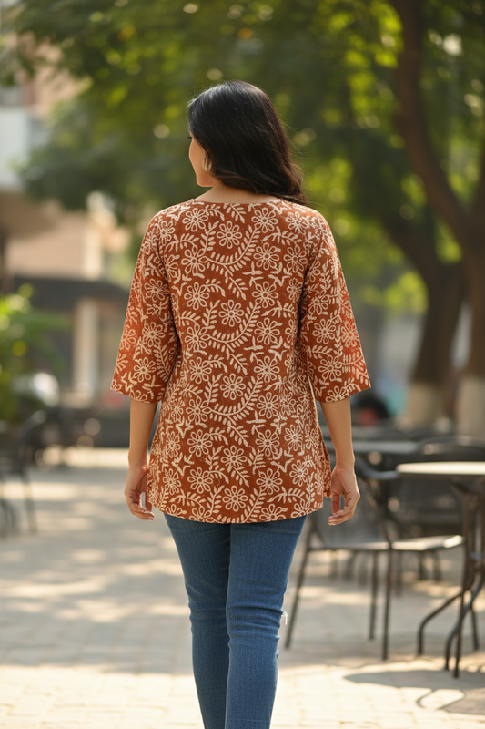 Rust Terracotta Kantha Daisy Embroidered Kurti with Wooden Buttons - Back View with Jeans