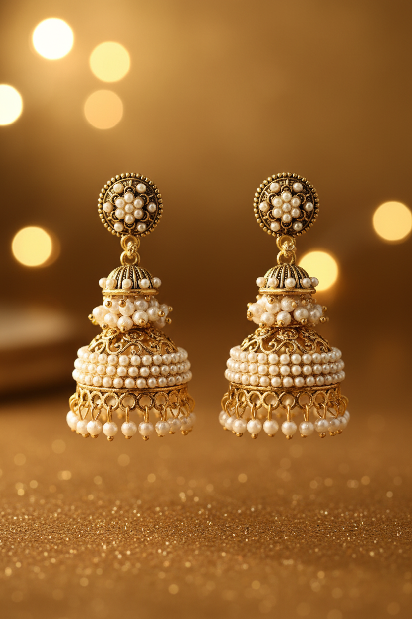 Gold Two-Tier Layered Pearl Jhumka Earrings - E-commerce Product Image