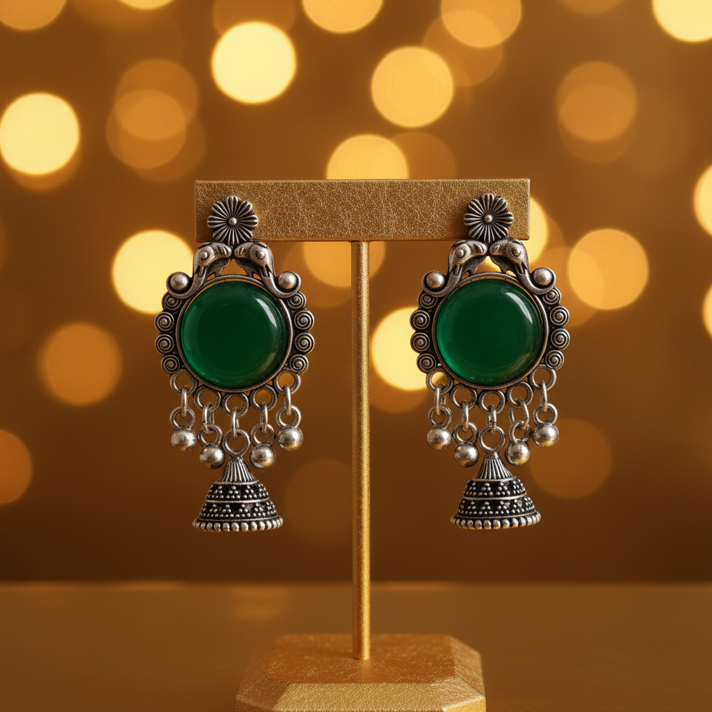 Oxidised Silver Emerald Green Peacock Jhumka Earrings - E-commerce Product Image