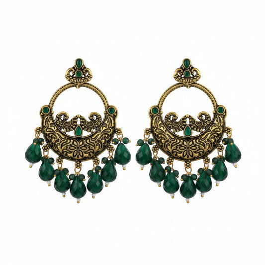 Naanu antique gold chandbali earrings with intricate peacock and floral engraving, turquoise stones, and lime green jade drops.