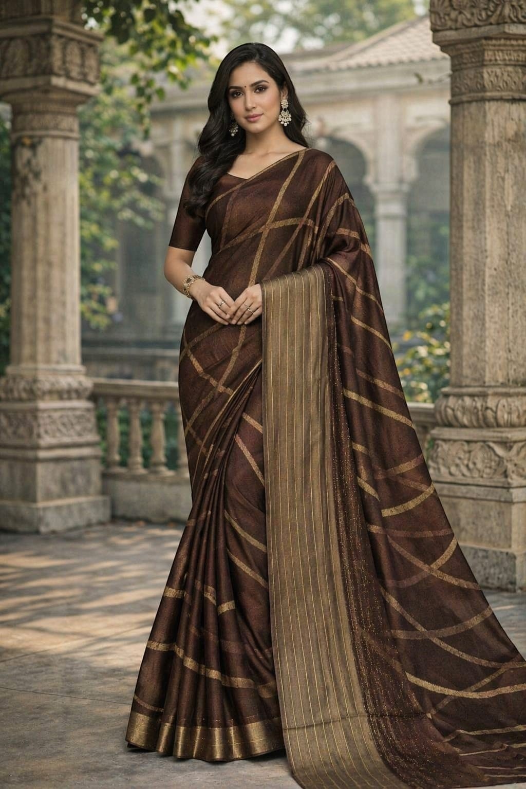 Naanu brown georgette saree with abstract diagonal gold zari stripes and a contrasting gold zari pallu and border.