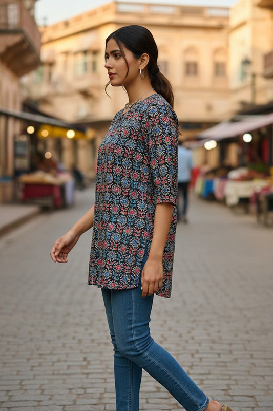 Naanu charcoal black cotton kurti with red and blue Ajrakh geometric medallion print, round neck, 3/4 sleeves.