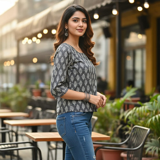 Naanu charcoal grey 100% cotton kurti with white cypress tree block print, square neck, 3/4 sleeves, and scalloped hem.