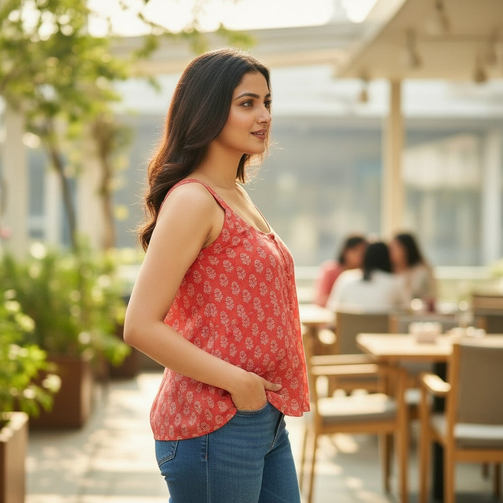 Naanu coral red cotton sleeveless top with white floral buta print, scoop neck, and button placket.