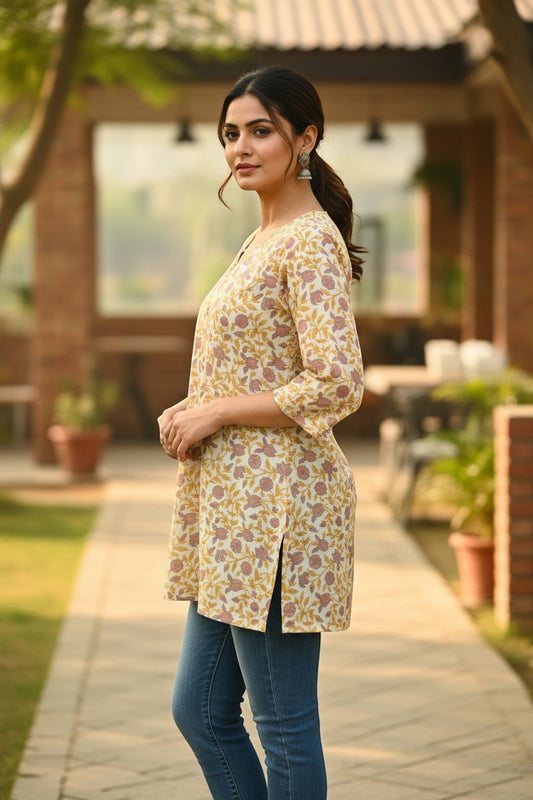 Naanu cream ivory short cotton kurti with floral print, V-notch neckline, and 3/4 sleeves, paired with blue jeans.