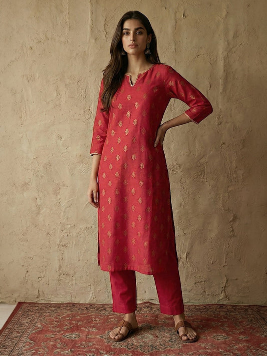 Naanu crimson silk blend straight kurta set with gold foil butti print, notched V-neck, 3/4 sleeves, and matching pants.