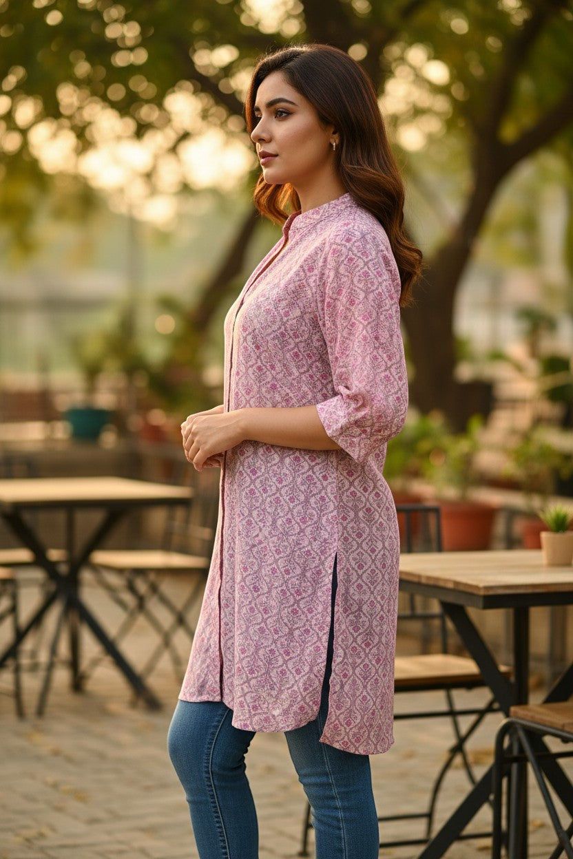 Naanu dusty pink georgette kurti with geometric diamond lattice print, mandarin collar, and 3/4 sleeves.