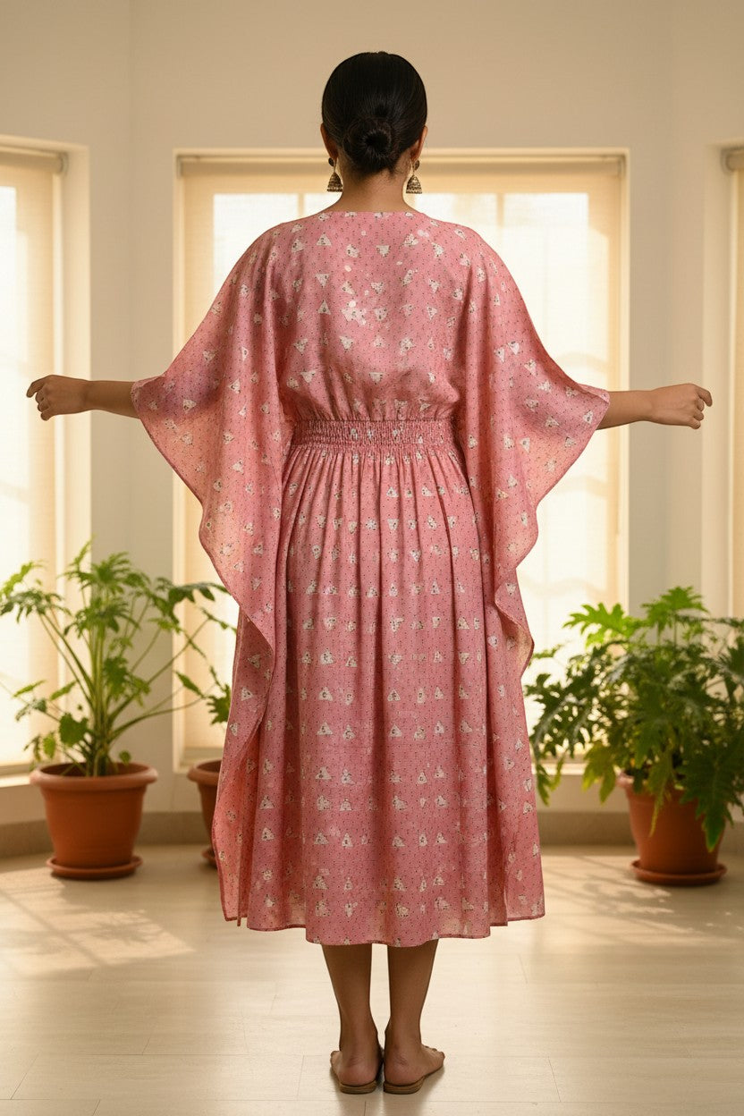Naanu dusty rose and blush pink cotton kaftan kurta with white triangular booti print, bell sleeves, and smocked waist.