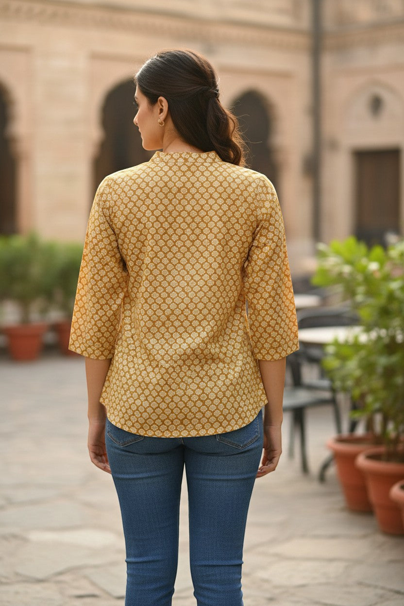Naanu golden yellow cotton short top with white scallop fan print and mandarin collar, 3/4 sleeves.