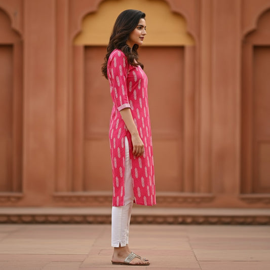 Naanu hot pink fuchsia cotton kurta with white oval block print, V-neckline, and 3/4 sleeves.