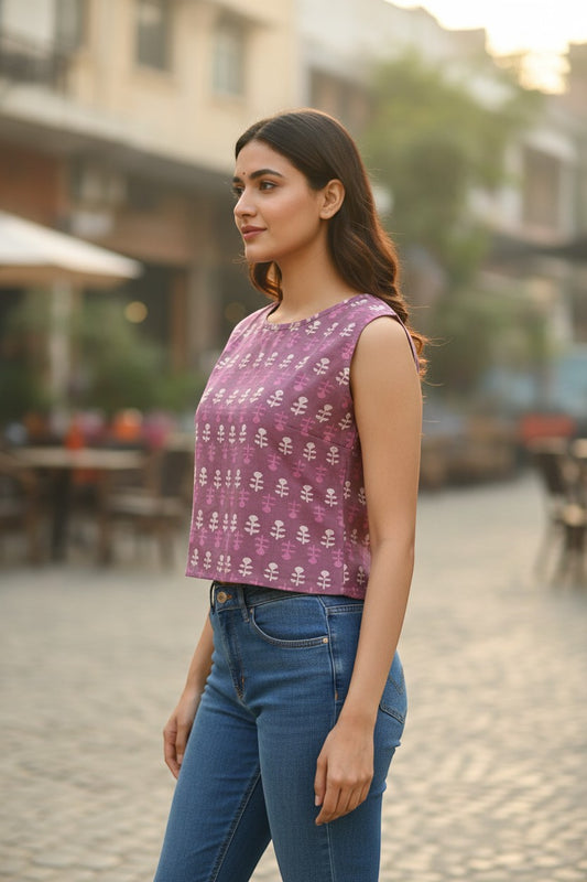 Naanu dusty mauve purple cotton crop top with white and pink floral buta print, scoop neck, and cap sleeves.