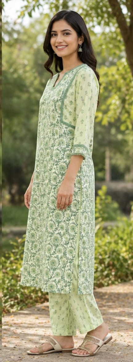 Naanu mint green cotton kurta set with circular jaal block print, V-neck, bell sleeves, and lace trim. Paired with straight pants.