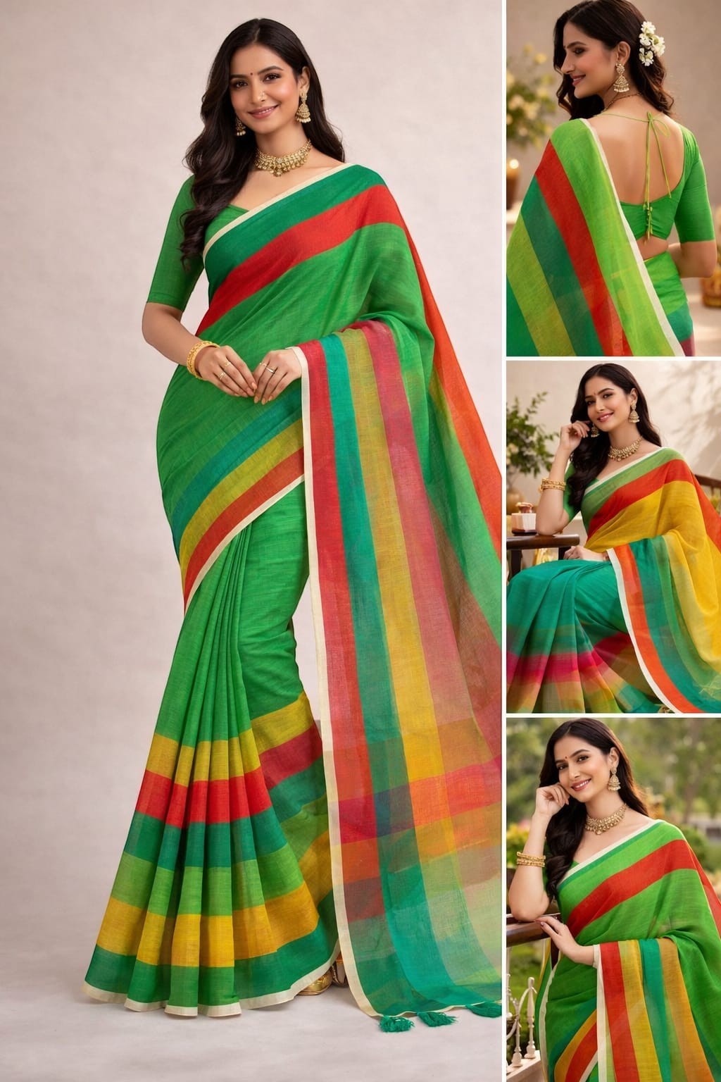 Naanu green cotton saree with bold horizontal stripes in red, orange, yellow, and pink. Casual and festive wear.