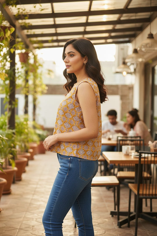 Naanu mustard yellow sleeveless cotton top with white geometric lattice floral block print and scoop neck.