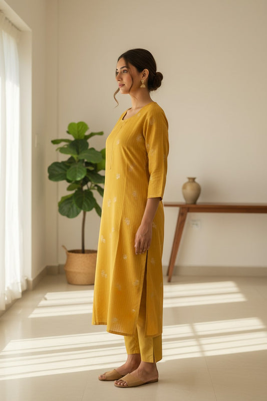 Naanu mustard yellow gold zari woven floral booti straight kurta with 3/4 sleeves and scoop neck.
