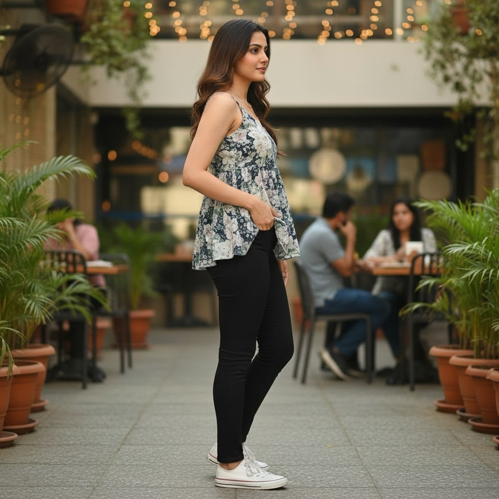 Naanu navy blue and white floral print babydoll top with spaghetti straps and empire waist, worn by a woman with black jeans.