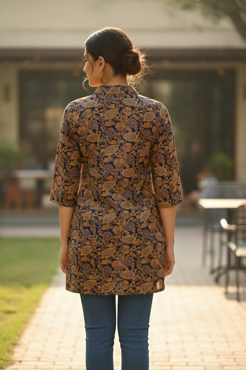 Naanu navy blue cotton kurti with gold paisley and floral jaal print, 3/4 sleeves, and straight fit.