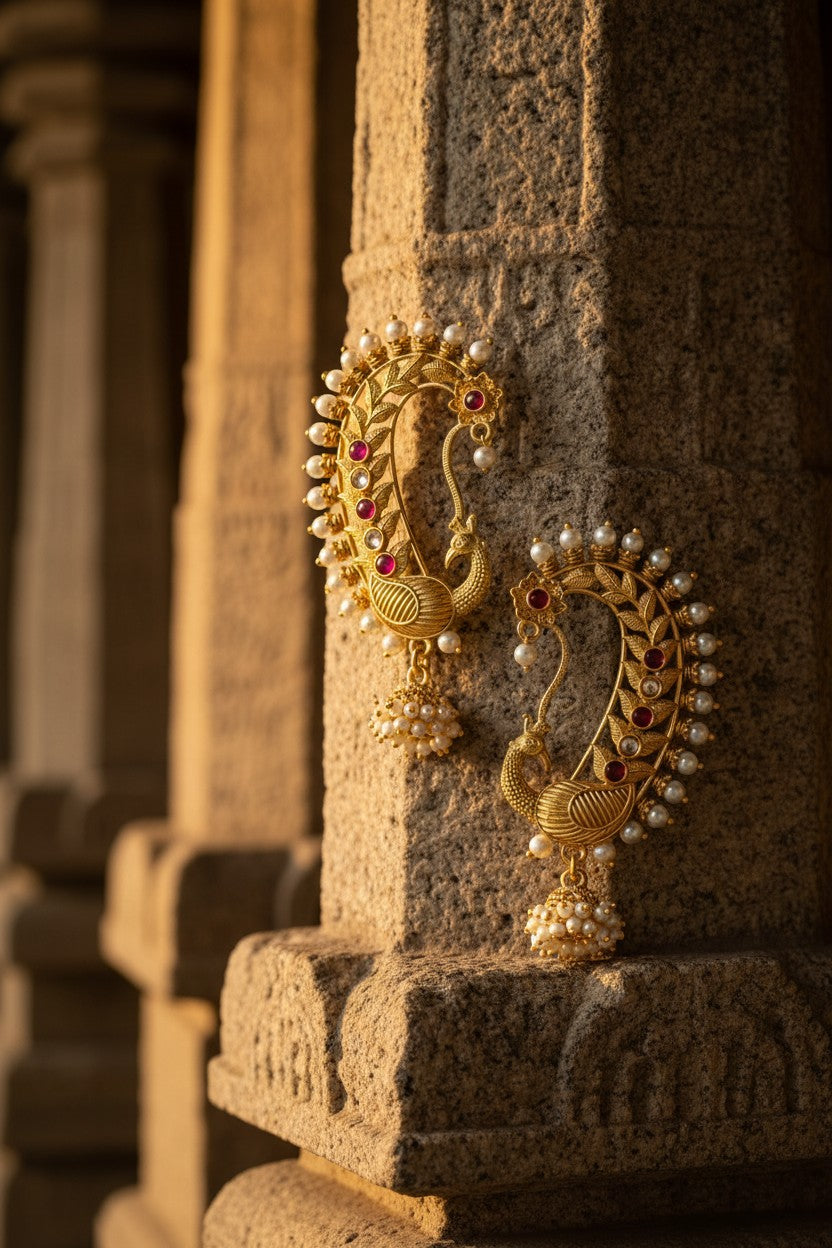 Naanu gold peacock chand bali temple earrings with pearl cluster jhumka and ruby accents