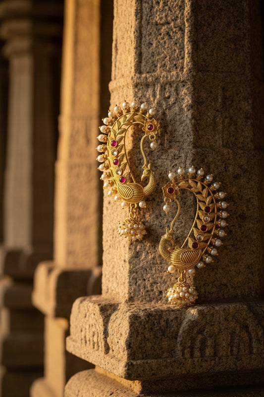 Naanu gold peacock chand bali temple earrings with pearl cluster jhumka and ruby accents