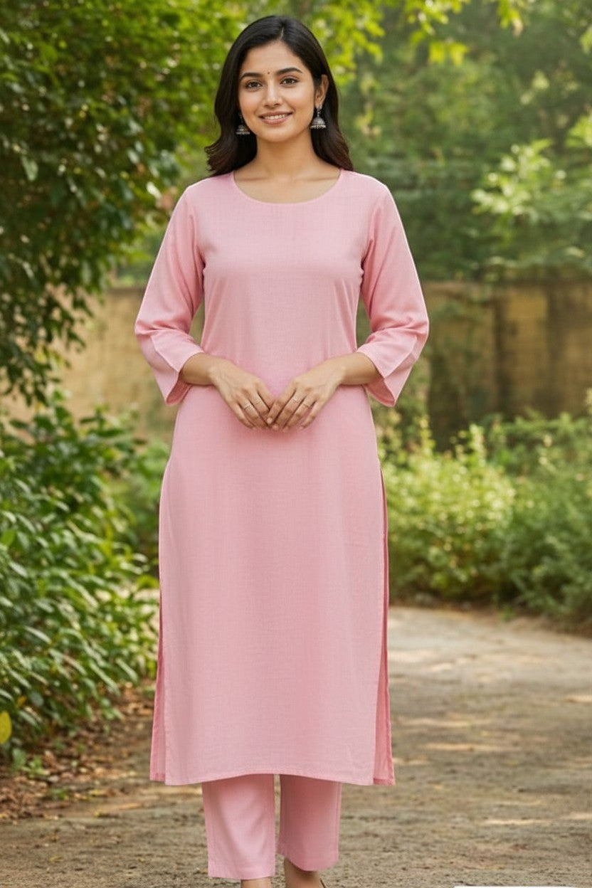 Naanu pink cotton kurta with straight pants, round neck, 3/4 sleeves, and side slits.