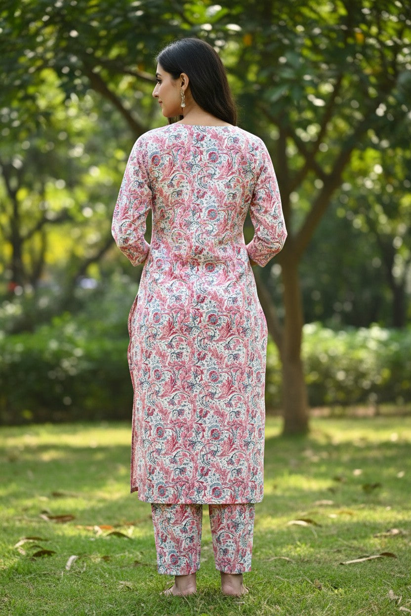 Naanu pink Kalamkari floral jaal print straight kurta with 3/4 sleeves and matching straight pants.