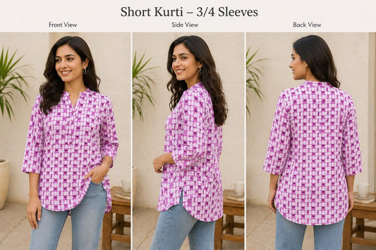Naanu pink lavender geometric block print cotton kurti with V-neck, collar, and 3/4 sleeves.